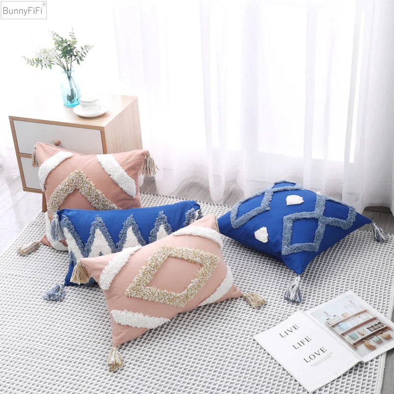 Afralia™ Boho Tufted Tassel Cushion Cover 45x45cm - Blue Pink Cotton Throw Pillow Cover