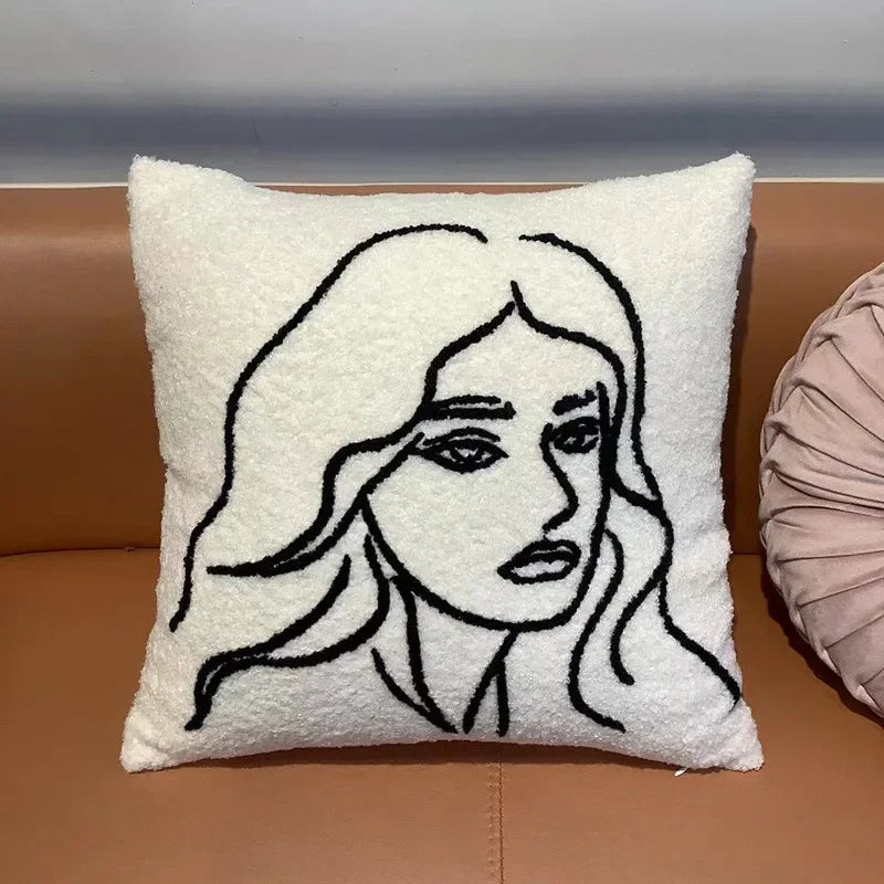 Afralia™ Lambswool Face Embroidered Cushion Cover 45x45 - Beige White Abstract Art Pillowcase