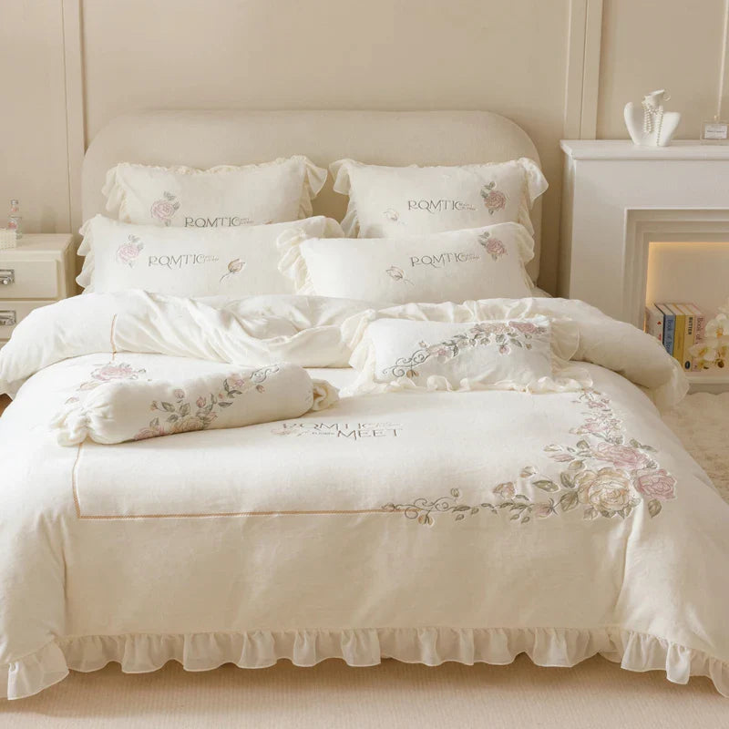 Afralia™ Rose Flowers Embroidery Princess Bedding Set - 4Pcs