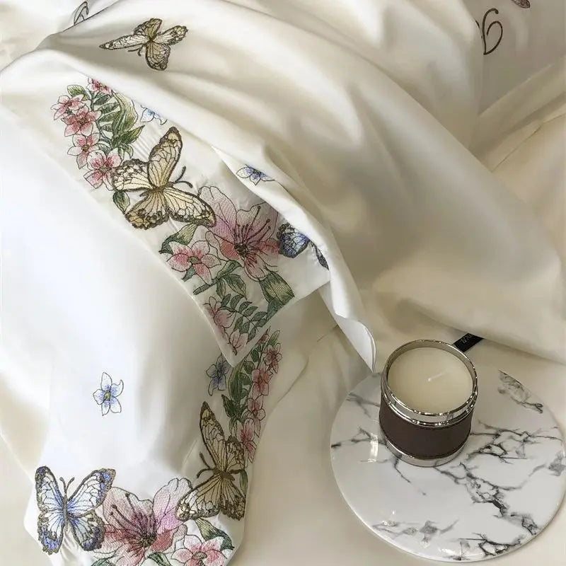 Afralia™ Butterfly Flowers Embroidery Bedding Set: Silky Soft Eucalyptus Fiber Duvet Cover