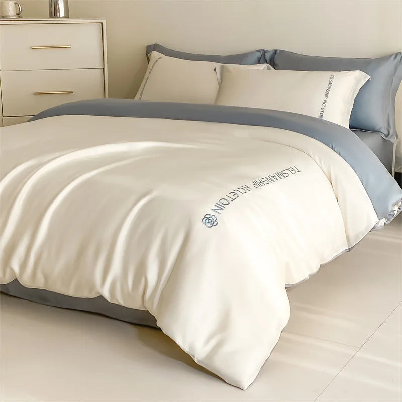 Afralia™ Cotton Solid Color Bedding Set, Premium Quality Embroidery Quilt Cover, Single Bed.