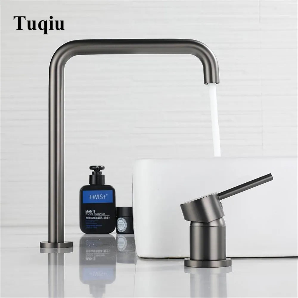 Afralia™ Gun Grey Bathroom Faucet with Super Long Pipe, 360° Rotating, Two Holes