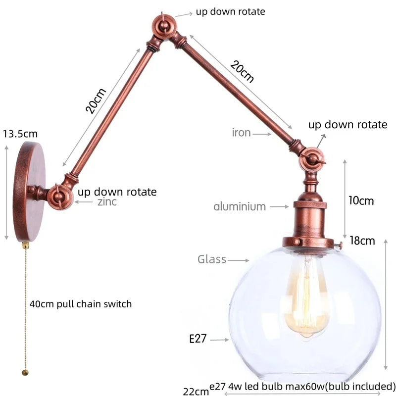 Afralia™ Vintage Loft LED Wall Light: Retro Industrial Glass Lamp for Living Room