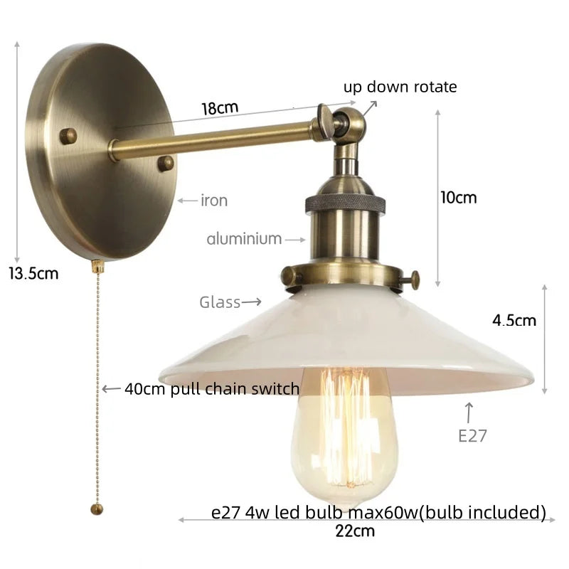 Afralia™ Retro White Glass LED Wall Light Sconce Industrial Vintage Bedroom Lamp