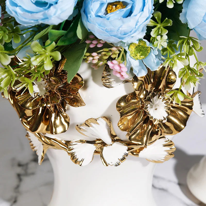 Afralia™ Floral Relief Ceramic Storage Jar - Golden Pot Vase