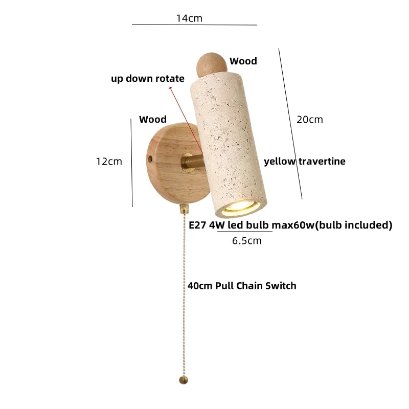 Afralia™ LED Wall Sconce Yellow Travertine Stone Wood Nordic Modern Rotate Bedside Lamp