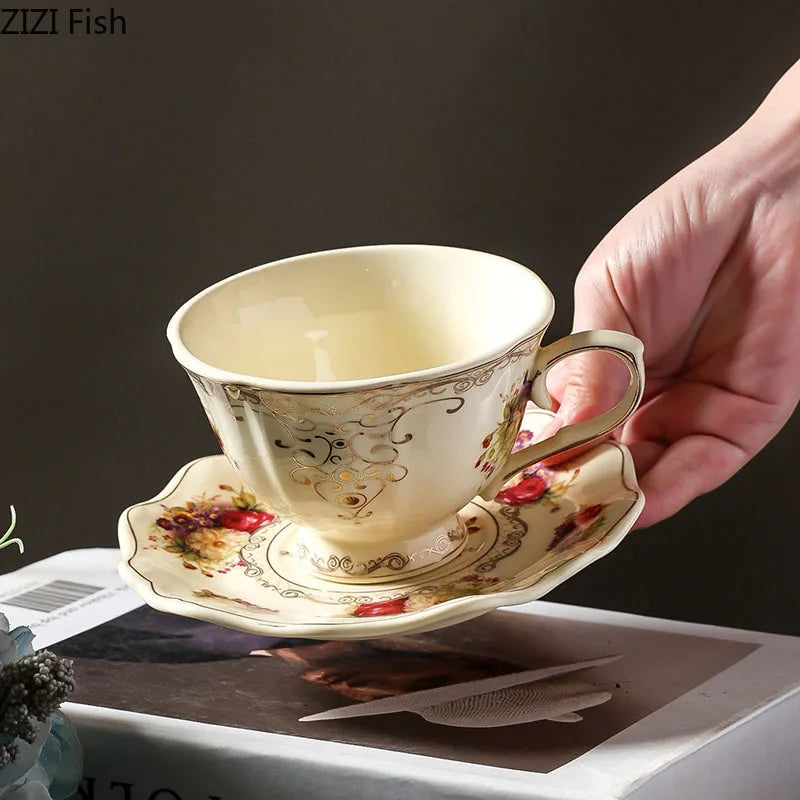 Afralia™ Lace Edge Flower Ceramic Cup & Saucer Set - Gold-plated Teacup for Dining Table