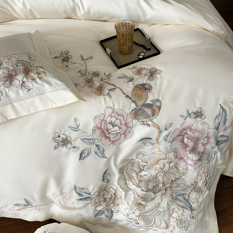 Afralia™ 5-Piece Chinese Flowers Bird Embroidery Bedding Set, 1000TC Egyptian Cotton, Queen King