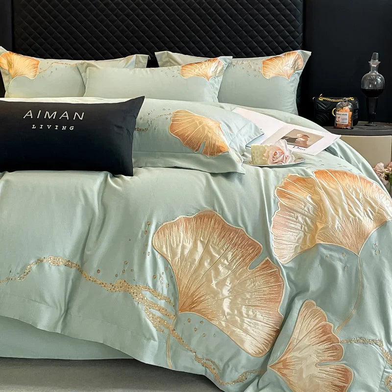 Afralia™ Gold Ginkgo Leaf Embroidery Bedding Set - 100% Cotton Luxury 4Pcs