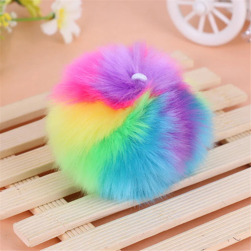 Afralia™ Rainbow Fluffy Ball Keychain Handbag Charm Bunny Pom Pom