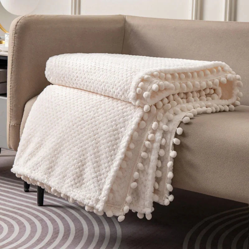 Afralia™ Plaid Tassel Ball Fleece Blanket - Queen Double Bedspread, Four Season Sofa Cover