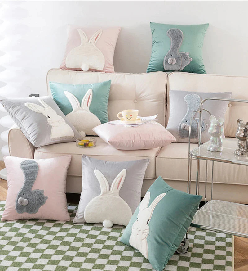 Afralia™ Rabbit Cat Patchwork Embroidered Velvet Cushion Cover 45*45 Home Sofa Decor