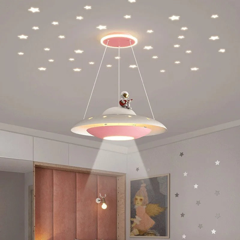 Afralia™ Cartoon Astronaut Chandelier UFO Ceiling Lamp for Kids Girl Boy Bedroom