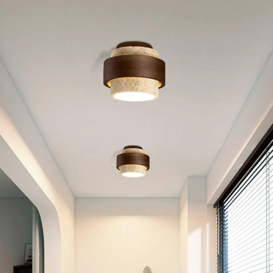 Afralia™ Yellow Travertine LED Ceiling Lamp with Wood Canopy Flush Mount