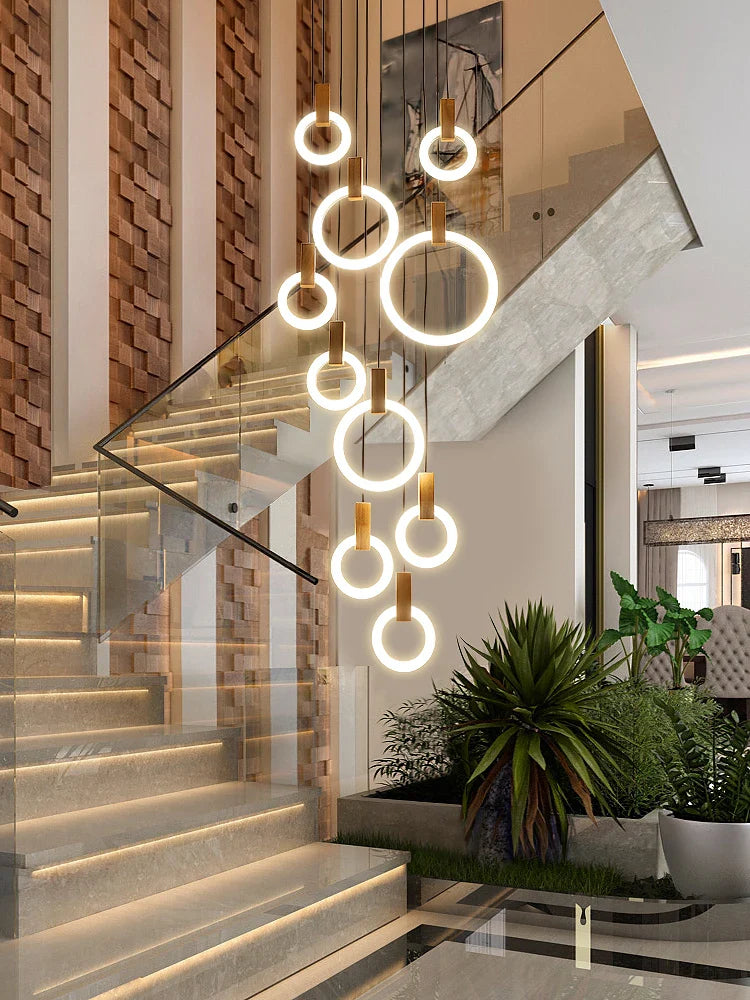 Afralia™ LED Wooden Staircase Chandelier Ceiling Lights - Modern Hanging Pendant Lamps