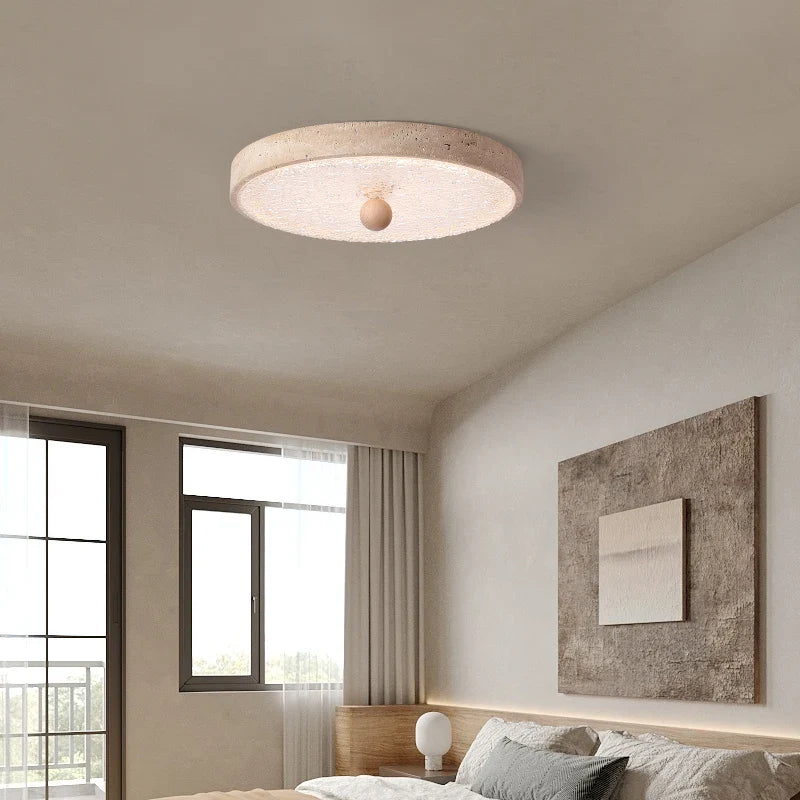 Afralia™ Wood LED Ceiling Lamp: Modern Round Yellow Travertine Light for Living Room