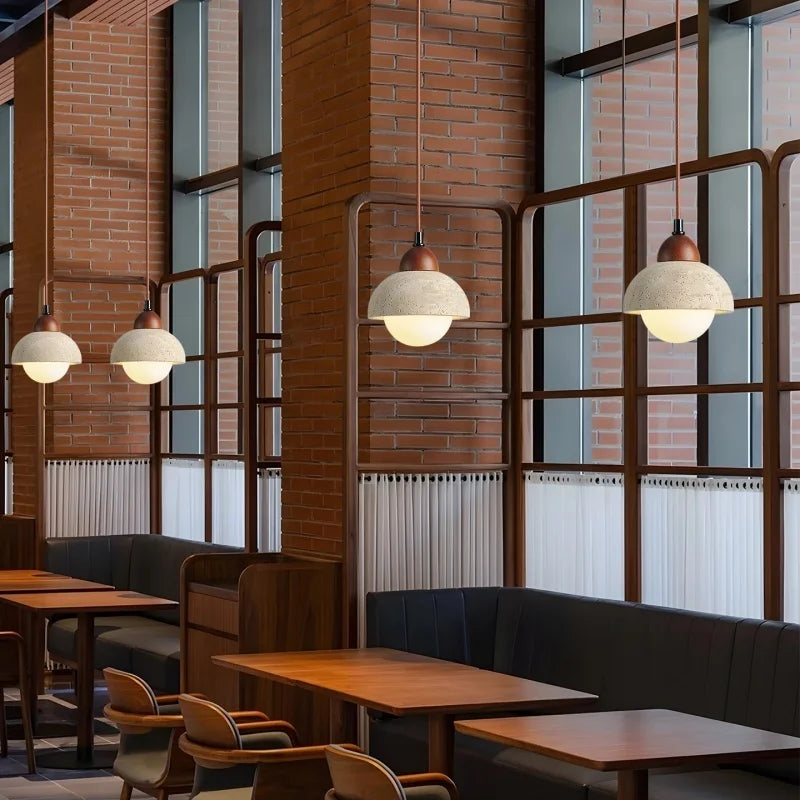 Afralia™ Vintage Stone LED Hanging Lamp Wood Yellow Travertine Pendant Lighting