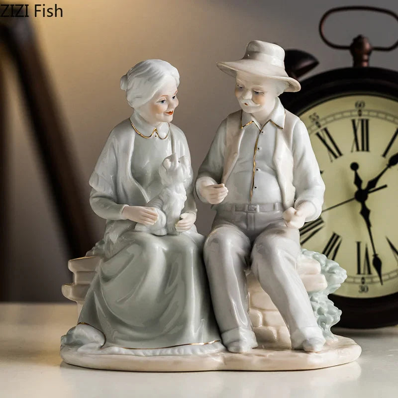 Ceramic Old Couple Sculpture Statue Home Decor Gift from Afralia™