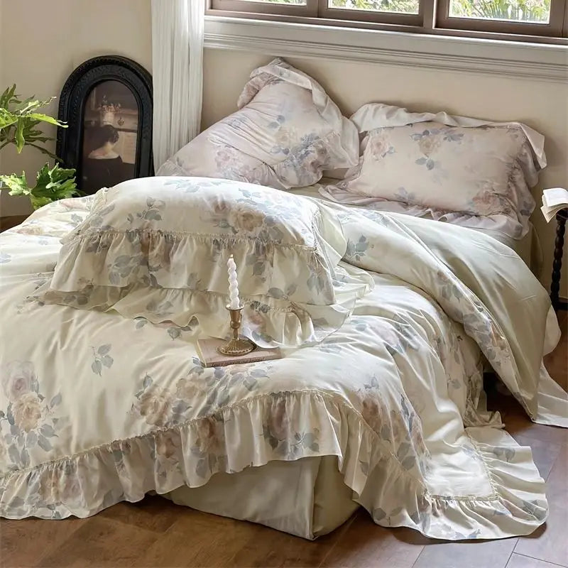 Afralia™ French Rose Flowers Print Bedding Set, Elegant Ruffles Princess Collection