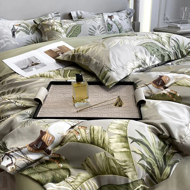 Afralia™ Ice Silk Plant Printed Bedding Set - Fashionable & Cool Comforter for Naked Sleep