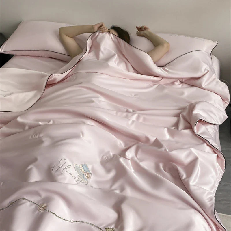 Afralia™ Ice Rayon Summer Quilt: Bear Floral Embroidery Cooling Thin Blanket - Antimicrobial Comforter