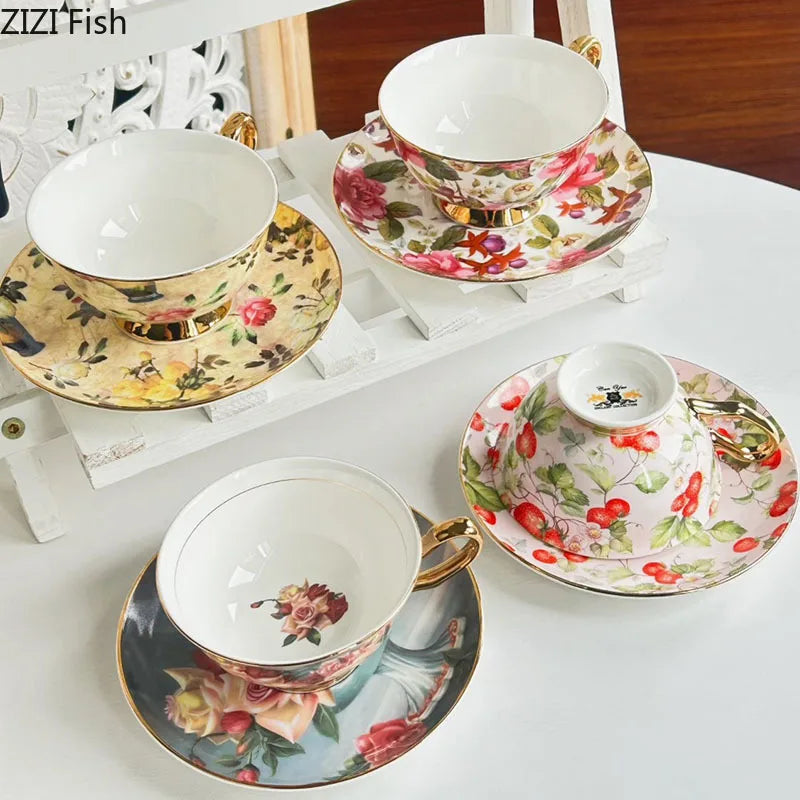 Afralia™ Flowers Pattern Porcelain Coffee Cup & Saucer Set - Exquisite Tea & Juice Mug