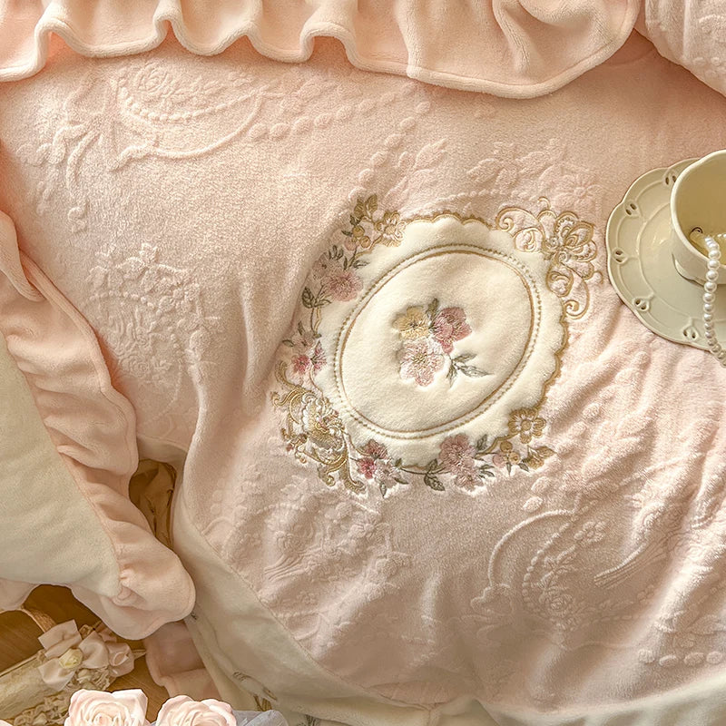 Afralia™ Vintage French Velvet Lace Embroidery Bedding Set with Ruffles Flowers