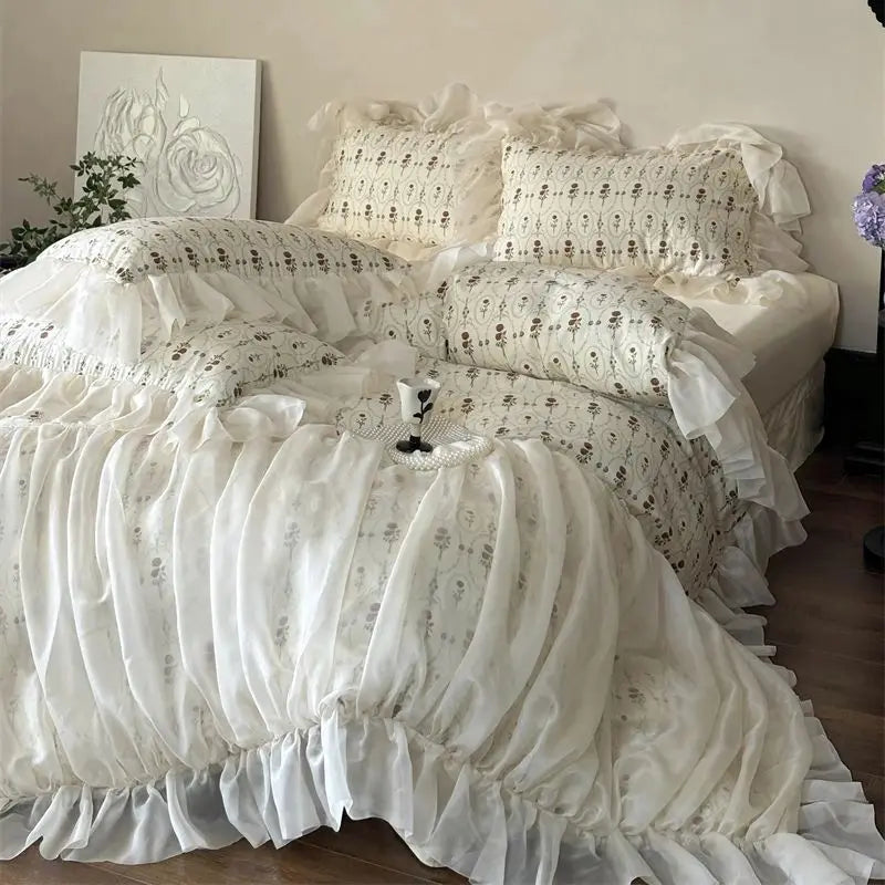 Afralia™ Vintage French Rose Print Princess Bedding Set with Lace Ruffles