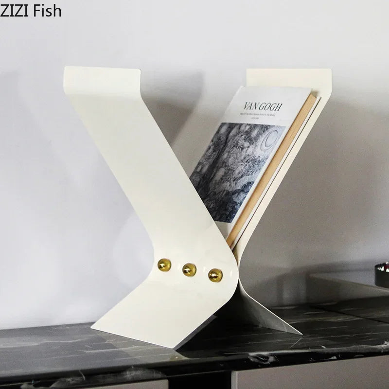 Afralia™ X-Shaped Bookshelf Beige Magazine Holder Modern Metal Rack Room Decor