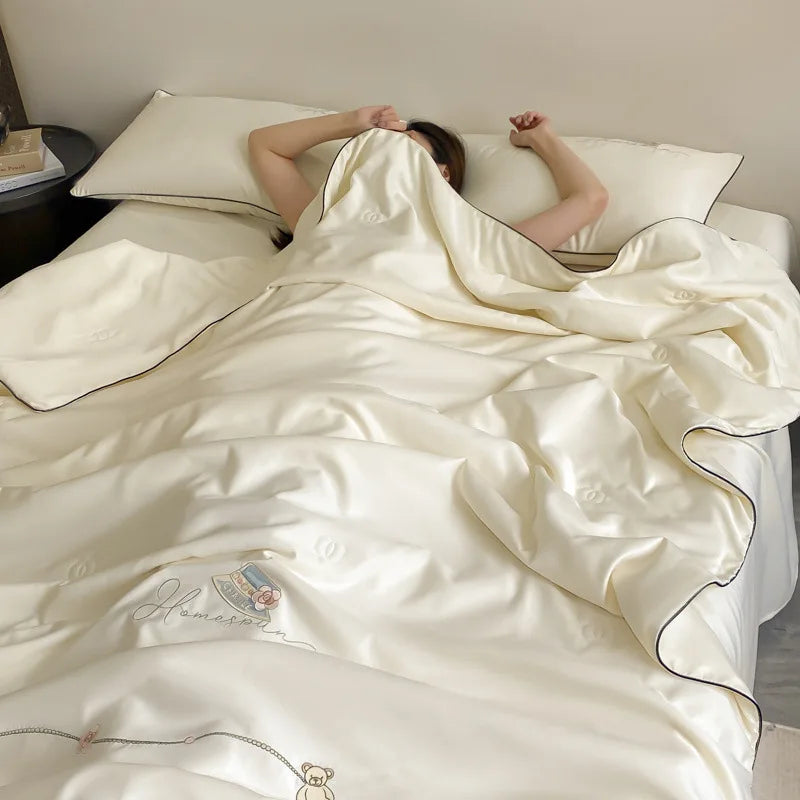 Afralia™ Ice Rayon Summer Quilt: Bear Floral Embroidery Cooling Thin Blanket - Antimicrobial Comforter