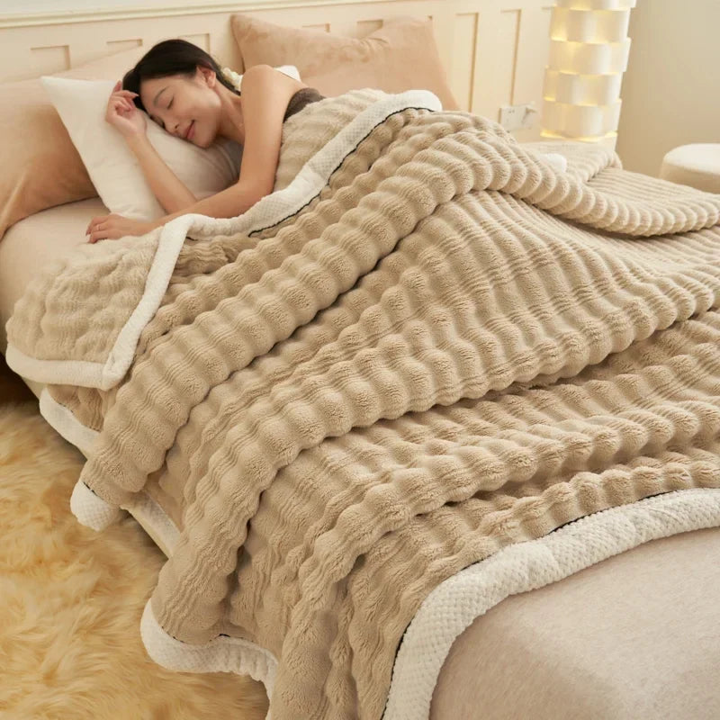 Afralia™ Cozy Rabbit Plush Blanket: Soft Striped Warm Sofa Throw, Absorbent Breathable Nap Blanket