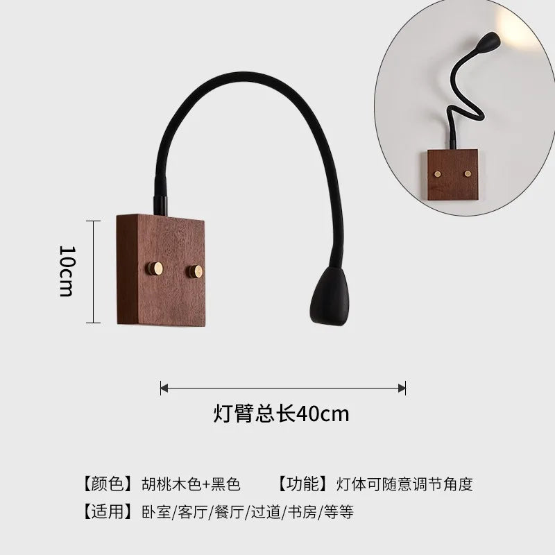 Afralia™ Walnut Wood LED Wall Lamp for Bedroom Study Cafe, Adjustable Universal Joint