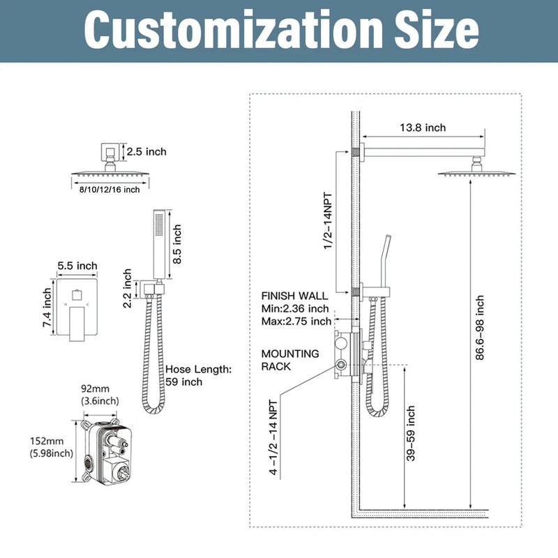 Afralia™ Chrome Shower Faucet Set with Embedded Box Control, 2/3 Way Diverter, 8-16" Rainfall Head