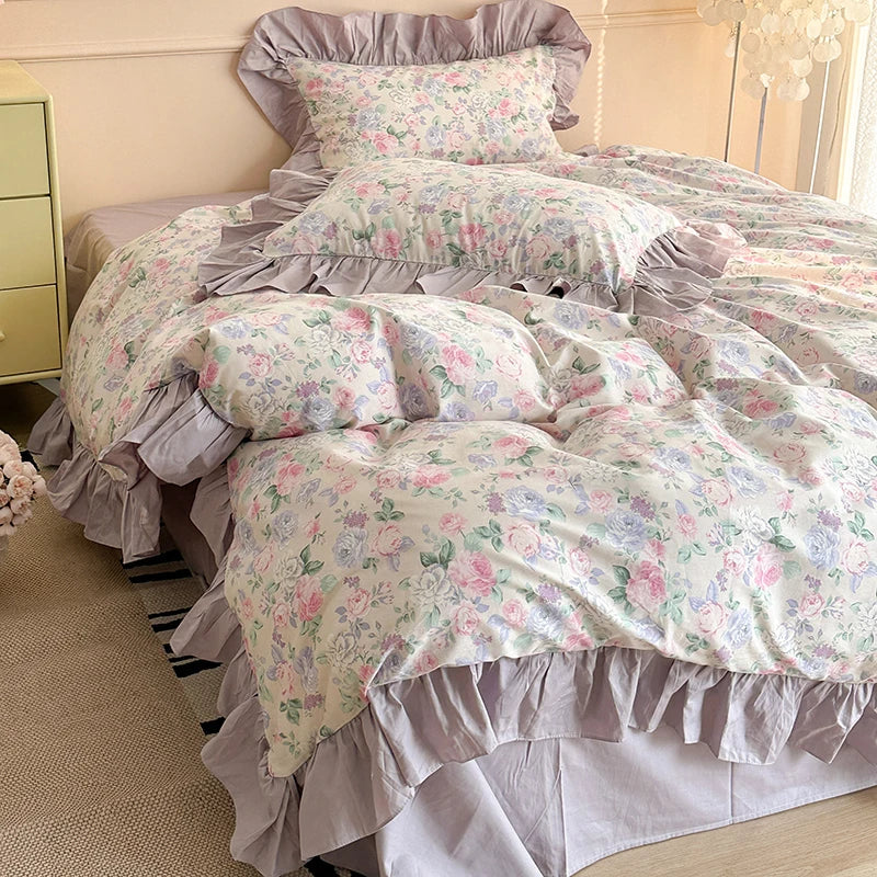 Afralia™ French Floral Cotton Bedding Set with Big Lace Ruffles, Fresh Flowers