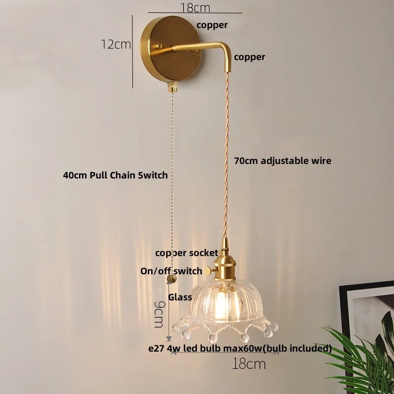 Afralia™ Clear Glass LED Wall Light with Pull Chain Switch for Modern Decor