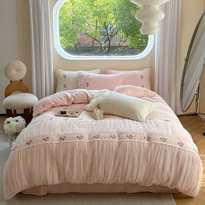 Afralia™ Pink Velvet Fleece Bedding Set with Flowers Embroidery & Lace Pleat