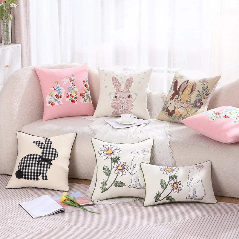 Afralia™ Bunny Cushion Cover Pink White Floral Embroidered Easter Home Sofa Decoration