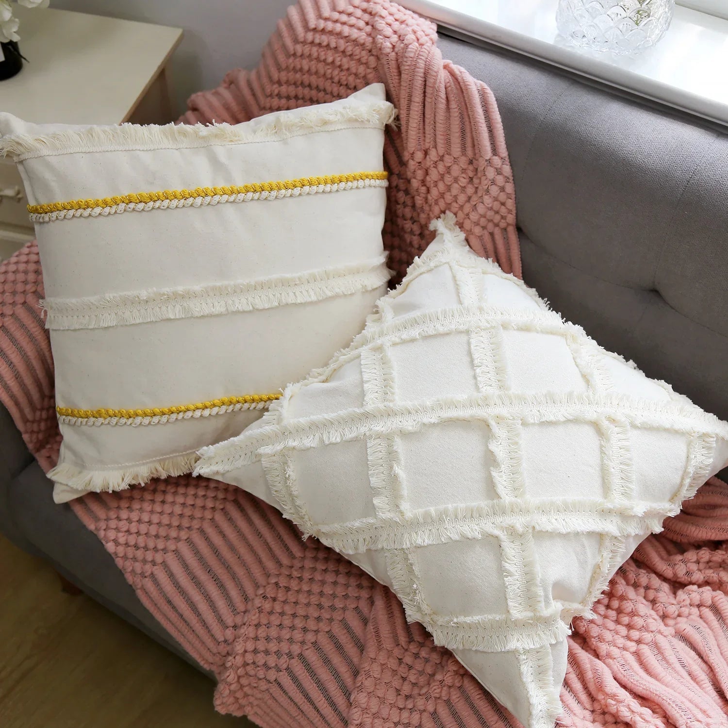 Afralia™ Boho Linen Cotton Pillow Cover with Tassels - Beige Square/Rectangular 45x45cm/30x50cm