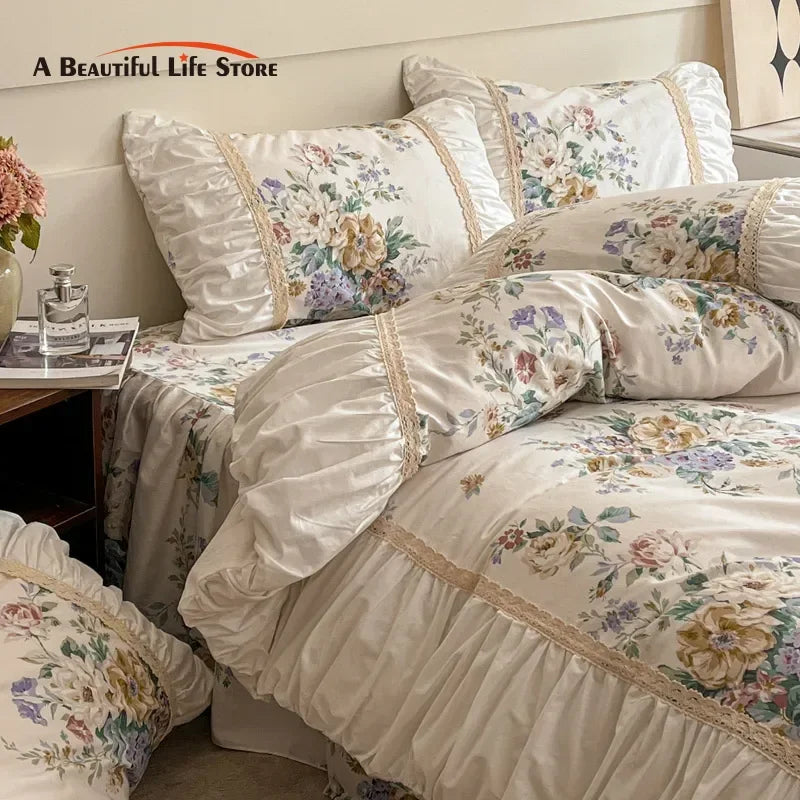 Afralia™ French Pastoral Princess Lace Bedding Set with Ruffles, 100% Cotton, Queen King