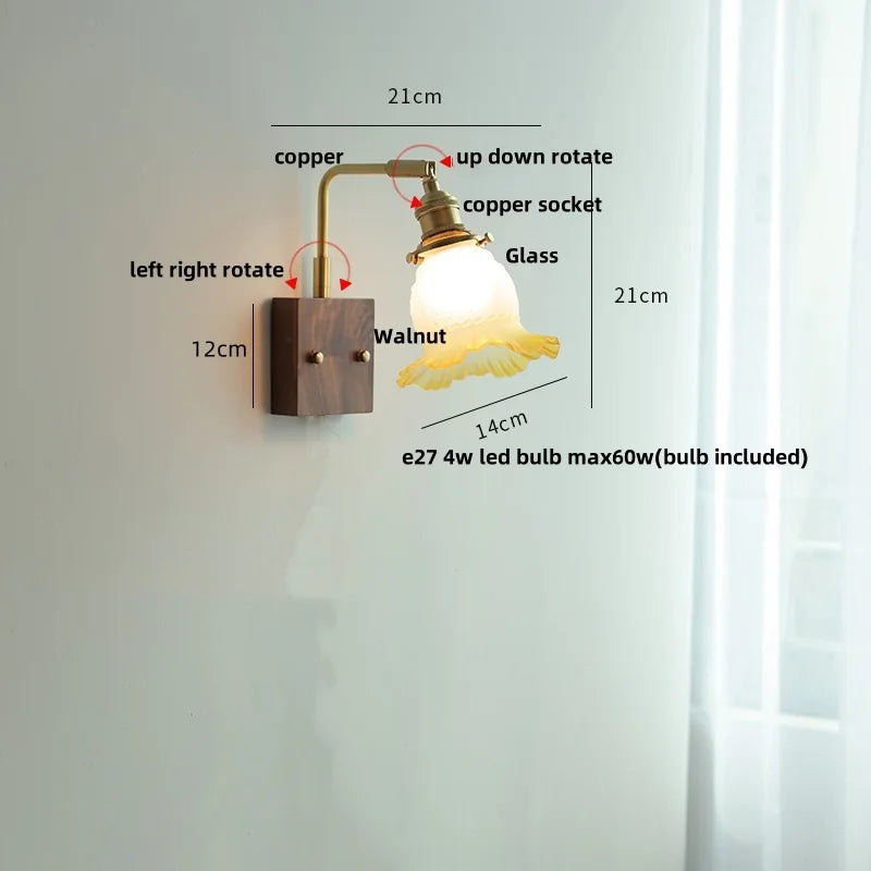 Afralia™ Amber Glass LED Wall Sconce with Walnut Wood, Pull Chain Switch for Living Room