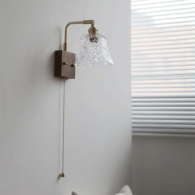 Afralia™ Walnut Glass LED Wall Light: Modern Brass Rotatable Bedside Lamp