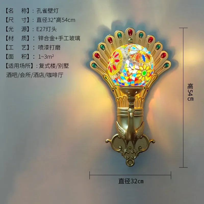 Afralia™ Peacock Tiffany Glass LED Wall Lamp for Bohemian Decor