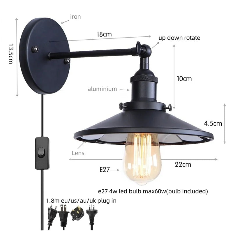 Afralia™ Vintage LED Wall Lights Pull Chain Lens Stair Aisle Bedside Lamp Iron Lightings