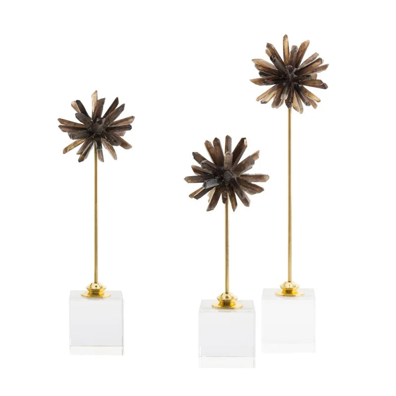 Afralia™ Crystal Flower Glass Craft Hyalinite Sculpture Metal Decorative Figurine