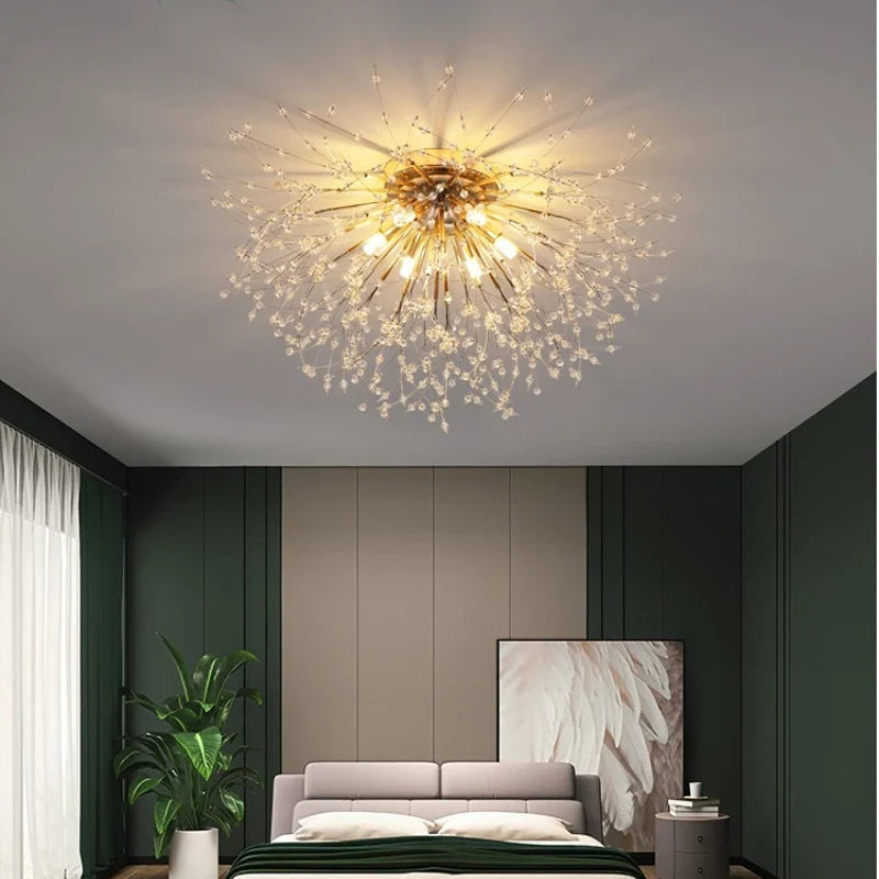 Afralia™ Golden Dandelion Crystal Chandelier: Warm Nordic LED Ceiling Lamp for Romantic Living Room.