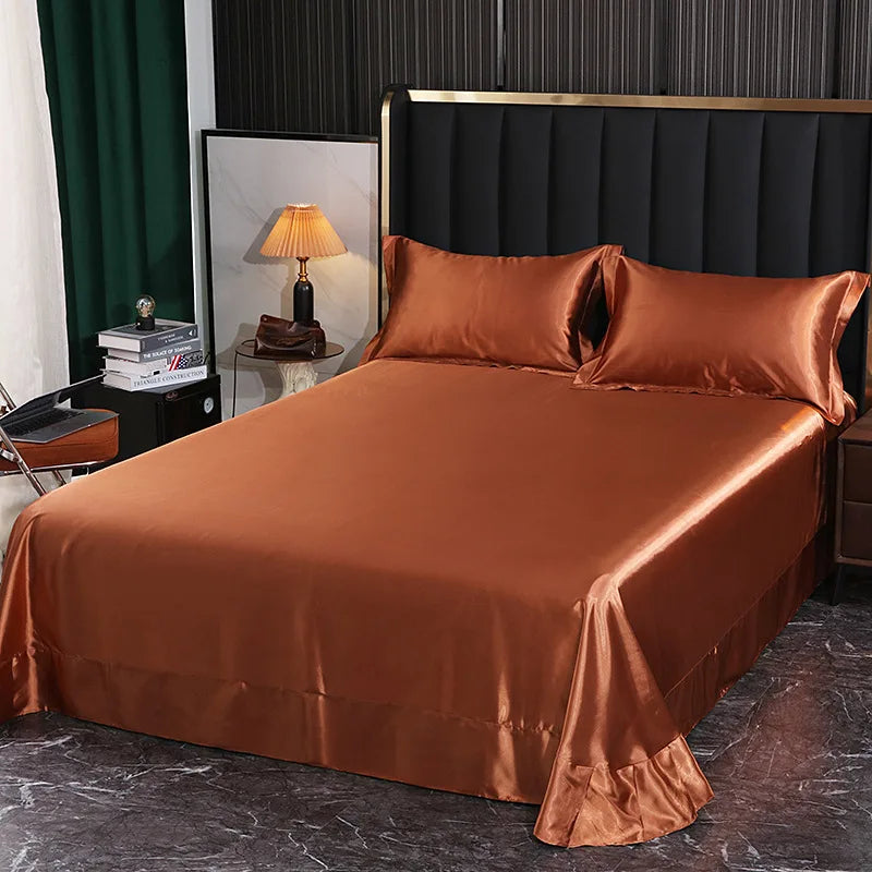 Afralia™ Silk King Bed Sheet Set with Pillowcase - Luxuriously Soft Solid Color Flat Sheet