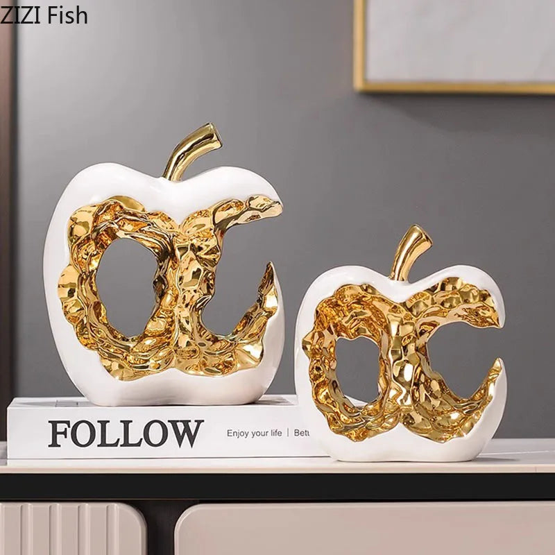 Afralia™ Ceramic Apple Sculpture Desk Decoration - Gold-plated Hollow Out Craft, Room Aesthetic Ornament