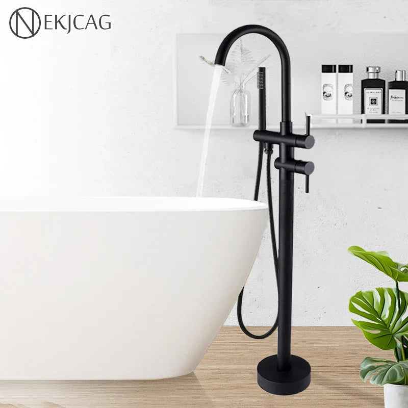 Afralia™ Matte Black Bathtub Faucet Diverter Floor Mounted Mixer Tap Brass Bath Spout Crane
