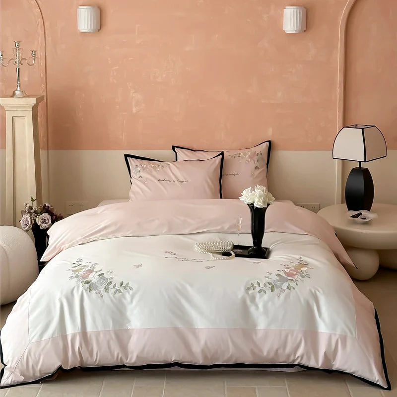 Afralia™ Pink Blue Flowers 4Pcs Princess Bedding Set Embroidered Duvet Cover Sheets
