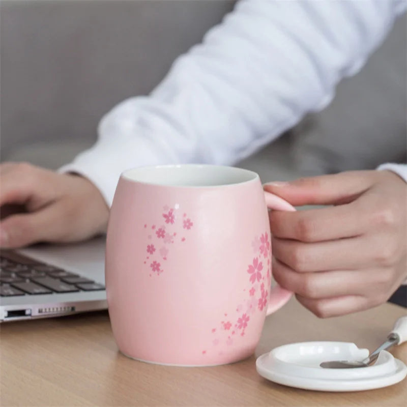 Afralia™ Cherry Blossom Ceramic Coffee Mug with Lid and Spoon